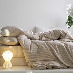 MooMee Striped Duvet Cover Set 100% Washed Cotton Linen Like Textured Breathable Durable Soft Comfy (Tannish Linen Grey White Wide Stripes, King 104"x90") - Image 7