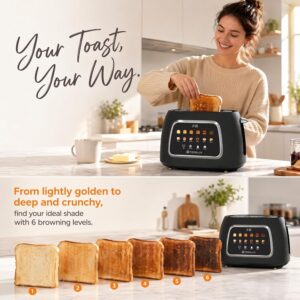 Tesslux 2 Slice Toaster with Touch Screen Control, 1.5" Wide Long Slots, 6 Browning Levels & 6 Bread Types, Digital Timer, Memory, Defrost, Reheat (Black, 2 Slice) - Image 3