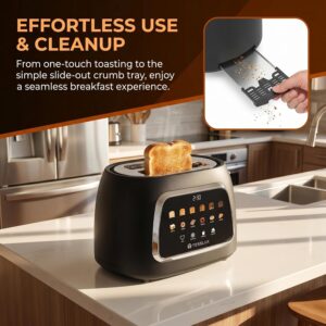 Tesslux 2 Slice Toaster with Touch Screen Control, 1.5" Wide Long Slots, 6 Browning Levels & 6 Bread Types, Digital Timer, Memory, Defrost, Reheat (Black, 2 Slice) - Image 6