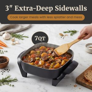 Elite Gourmet PFAS-Free Ceramic Electric Skillet, Extra Deep 12"x12"x3", Less Splatter, Dishwasher Safe, Rapid Heat, EG2313, 1200W, Black - Image 5