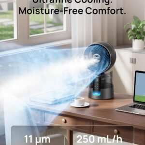 DREO TurboCool Misting Fan 516, 5℉ Drop Cooling Fans that Blow Cold Air, 150°+30° Omni-directional Oscillating, Evaporative air cooler, 26 ft/s Wind, Ultrafine Mist, 20dB Quiet, 6 Speeds 2 Modes, Grey - Image 4