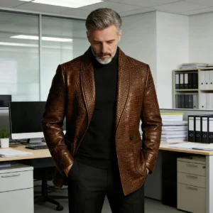 Men's Crocodile Embossed Leather Blazer Double Breasted Business Casual Brown Jacket Office Wear Formal Plus Size Suit Coat - Image 2