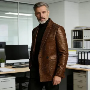Men's Crocodile Embossed Leather Blazer Double Breasted Business Casual Brown Jacket Office Wear Formal Plus Size Suit Coat - Image 3