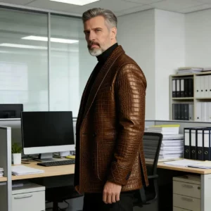 Men's Crocodile Embossed Leather Blazer Double Breasted Business Casual Brown Jacket Office Wear Formal Plus Size Suit Coat - Image 4