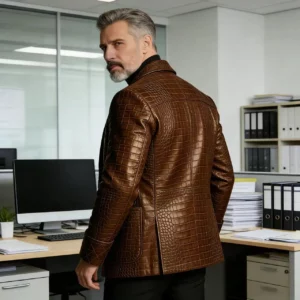 Men's Crocodile Embossed Leather Blazer Double Breasted Business Casual Brown Jacket Office Wear Formal Plus Size Suit Coat - Image 5