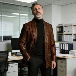 Men's Crocodile Embossed Leather Blazer Double Breasted Business Casual Brown Jacket Office Wear Formal Plus Size Suit Coat - Image 6