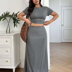 GIBSIE Plus Size Summer 2 Piece Set Women Streetwear Casual O-Neck Short Sleeve Crop Top and Long Skirts Fashion Matching Outfit - Image 6