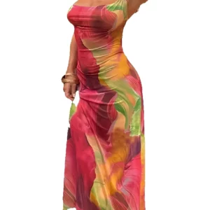 Leisure beach vacation, tight and sexy strapless suspender, gradient flower print, loose hip hugging skirt, long skirt - Image 2