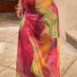 Leisure beach vacation, tight and sexy strapless suspender, gradient flower print, loose hip hugging skirt, long skirt - Image 6