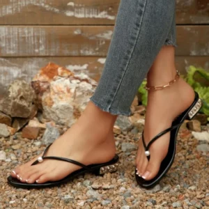 Women Flip Flops Pearl Thong Sandals Low Heel Patent Leather Summer Beach Slides Elegant Party Wedding Outdoor Shoes New 2026 - Image 2