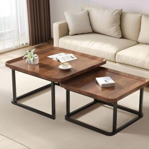 Nesting Coffee Table Set of 2, 23.6"+19.7" Nesting Tables,Small Square Coffee Table with Fluted,Center Table for Living Room Bedroom Office Balcony Yard (Walnut) - Image 1
