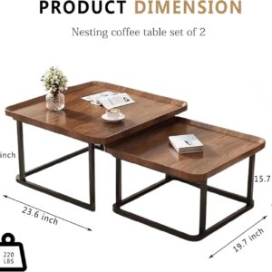 Nesting Coffee Table Set of 2, 23.6"+19.7" Nesting Tables,Small Square Coffee Table with Fluted,Center Table for Living Room Bedroom Office Balcony Yard (Walnut) - Image 2