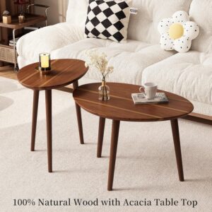Small Oval Coffee Tables Set,Acacia Wood Nesting Tables(25.6"x17.7"+17.7"x13.4" for Living Room Small Spaces Office,Easy Assembly Wooden Minimalist Walnut Mid Century Modern Coffee Table - Image 3