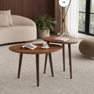 Small Oval Coffee Tables Set,Acacia Wood Nesting Tables(25.6"x17.7"+17.7"x13.4" for Living Room Small Spaces Office,Easy Assembly Wooden Minimalist Walnut Mid Century Modern Coffee Table - Image 7
