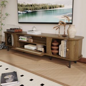 basenji 71" Mid Century Modern TV Stand, Wood TV Consoles with Sliding Doors and Rattan Door, Entertainment Center with Adjustable Shelves, Fluted TV Stands for Living Room,Walnut - Image 3