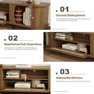basenji 71" Mid Century Modern TV Stand, Wood TV Consoles with Sliding Doors and Rattan Door, Entertainment Center with Adjustable Shelves, Fluted TV Stands for Living Room,Walnut - Image 4