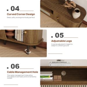 basenji 71" Mid Century Modern TV Stand, Wood TV Consoles with Sliding Doors and Rattan Door, Entertainment Center with Adjustable Shelves, Fluted TV Stands for Living Room,Walnut - Image 5
