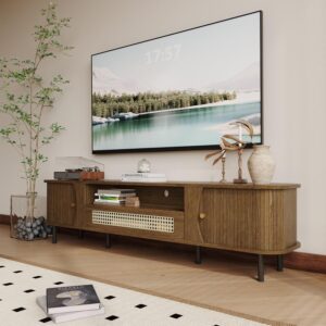 basenji 71" Mid Century Modern TV Stand, Wood TV Consoles with Sliding Doors and Rattan Door, Entertainment Center with Adjustable Shelves, Fluted TV Stands for Living Room,Walnut - Image 6