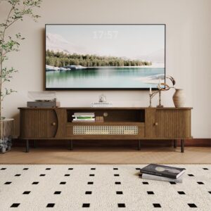 basenji 71" Mid Century Modern TV Stand, Wood TV Consoles with Sliding Doors and Rattan Door, Entertainment Center with Adjustable Shelves, Fluted TV Stands for Living Room,Walnut - Image 7