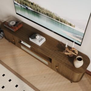 basenji 71" Mid Century Modern TV Stand, Wood TV Consoles with Sliding Doors and Rattan Door, Entertainment Center with Adjustable Shelves, Fluted TV Stands for Living Room,Walnut - Image 8