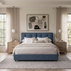 Full Size Bed Frame with Headboard, Boucle Upholstered Bed Frame, Removable and Washable, No Box Spring Needed,Wood Slat Support, Easy Assembly, Navy Blue - Image 5