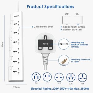 Philips 6-Way Universal Power Extension Cord with Individual Switches (1.5M), 2500W Overload Protection, 750°C Fire-Resistant, 3x1mm² Heavy Duty Cable, 13A Fuse, ESMA Certified, UK Plug (6UV-1.5m) - Image 3
