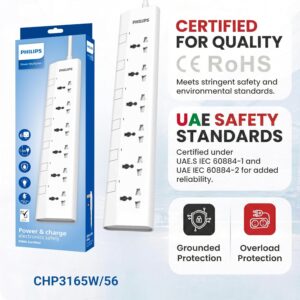 Philips 6-Way Universal Power Extension Cord with Individual Switches (1.5M), 2500W Overload Protection, 750°C Fire-Resistant, 3x1mm² Heavy Duty Cable, 13A Fuse, ESMA Certified, UK Plug (6UV-1.5m) - Image 6