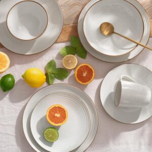 Famiware Jupiter 18-Piece Stoneware Dinnerware Sets for 6 – Handcrafted Plates and Bowls with Speckles & Embossed Swirls, Chip & Scratch Resistant, Modern Rustic Dishes for Daily & Formal Use, White - Image 4