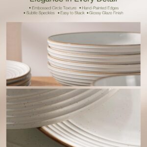 Famiware Jupiter 18-Piece Stoneware Dinnerware Sets for 6 – Handcrafted Plates and Bowls with Speckles & Embossed Swirls, Chip & Scratch Resistant, Modern Rustic Dishes for Daily & Formal Use, White - Image 5