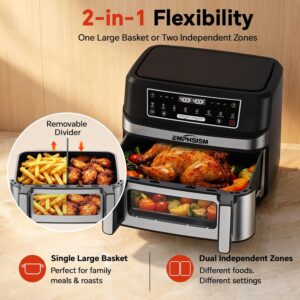Emphsism 12QT Large Dual Zone Air Fryer with Divider, Match Cook & Smart Finish, Air Fry/Roast/Bake/Toast/Dehydrate/Reheat/Keep Warm/Preheat, Nonstick Dishwasher-Safe Basket, Digital Touchscreen - Image 3