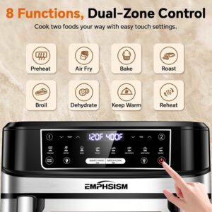 Emphsism 12QT Large Dual Zone Air Fryer with Divider, Match Cook & Smart Finish, Air Fry/Roast/Bake/Toast/Dehydrate/Reheat/Keep Warm/Preheat, Nonstick Dishwasher-Safe Basket, Digital Touchscreen - Image 4