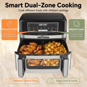 Emphsism 12QT Large Dual Zone Air Fryer with Divider, Match Cook & Smart Finish, Air Fry/Roast/Bake/Toast/Dehydrate/Reheat/Keep Warm/Preheat, Nonstick Dishwasher-Safe Basket, Digital Touchscreen - Image 5