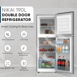 Nikai 190L Gross/138L Net, Double Door Refrigerator with Vegetable Crisper & Adjustable Glass Shelves, Defrosting & Temperature Control, Ideal for Kitchen, Bedroom, Office & Hotels - NRF190DN4S Silver - Image 2