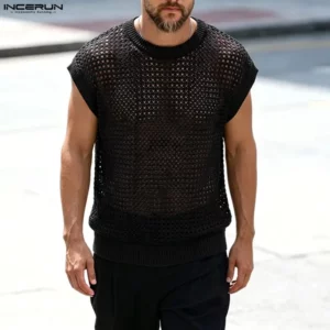 INCERUN Men's Tank Tops Solid Hollow Out O-neck Sleeveless Male Vests Summer Streetwear Loose Fashion Casual Tops Men Clothes - Image 4
