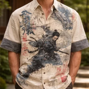 New Xianhe Plum Blossom Ink Printed Short Sleeve Shirt Texture Men's Versatile Casual Short Sleeve Top - Image 3