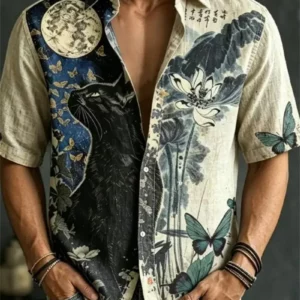 New Xianhe Plum Blossom Ink Printed Short Sleeve Shirt Texture Men's Versatile Casual Short Sleeve Top - Image 7