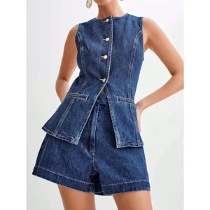 2026 New Chinese Style Sleeveless Denim Shorts Two-Piece Denim Suit Women's Summer Retro Foreign Style Wide Leg Two-piece Set - Image 3