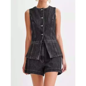 2026 New Chinese Style Sleeveless Denim Shorts Two-Piece Denim Suit Women's Summer Retro Foreign Style Wide Leg Two-piece Set - Image 5