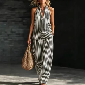 Women's Striped Casual Suit Spring Summer Striped Wide-leg Pants Halter Top Cotton And Linen Commuting Two-piece Set For Women - Image 2