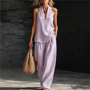 Women's Striped Casual Suit Spring Summer Striped Wide-leg Pants Halter Top Cotton And Linen Commuting Two-piece Set For Women - Image 3