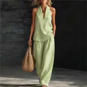 Women's Striped Casual Suit Spring Summer Striped Wide-leg Pants Halter Top Cotton And Linen Commuting Two-piece Set For Women - Image 4