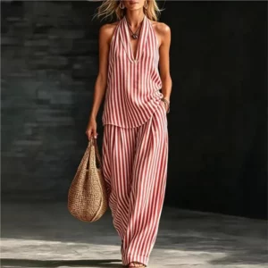 Women's Striped Casual Suit Spring Summer Striped Wide-leg Pants Halter Top Cotton And Linen Commuting Two-piece Set For Women - Image 5