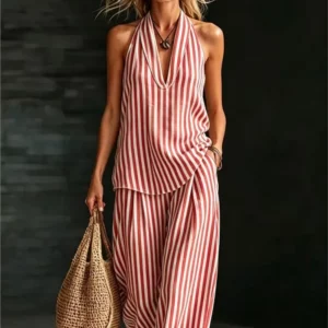 Women's Striped Casual Suit Spring Summer Striped Wide-leg Pants Halter Top Cotton And Linen Commuting Two-piece Set For Women - Image 6