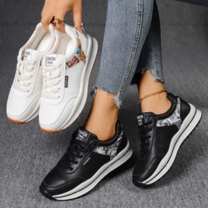 Ladies New Style Trendy Casual Shoes Lace-up Flat-soled Color Matching Vulcanized Shoes Women's Tennis Running Thick-soled Shoes - Image 2
