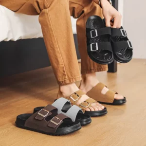 Summer Genuine Suede Leather Slippers Men Exclusive Adjustable Arch Support Mule Shoes Classic Cork Insole Big Size 39-45 - Image 2