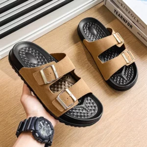 Summer Genuine Suede Leather Slippers Men Exclusive Adjustable Arch Support Mule Shoes Classic Cork Insole Big Size 39-45 - Image 3