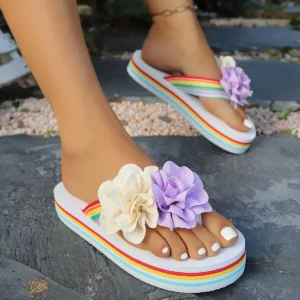 Clip Toe Mixed Color Flower Sandals Women Fashion Rainbow Striped Wedges Flip-Flops Ladies Plus Size Soft Soles Platform Slides - Image 1