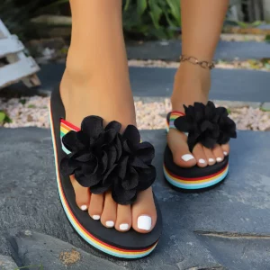 Clip Toe Mixed Color Flower Sandals Women Fashion Rainbow Striped Wedges Flip-Flops Ladies Plus Size Soft Soles Platform Slides - Image 4