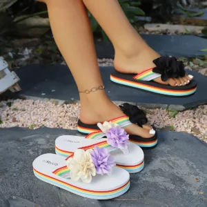 Clip Toe Mixed Color Flower Sandals Women Fashion Rainbow Striped Wedges Flip-Flops Ladies Plus Size Soft Soles Platform Slides - Image 6