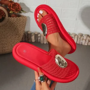 new women hollowed out breathable toe cap half drag thick sole temperament metal decoration versatile fashion beach slippers - Image 1